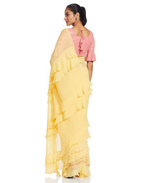 Thumbnail for River Suneet Varma Designer Golden Haze Georgette Saree with Ruffle Detailing & Sequin Blouse Piece