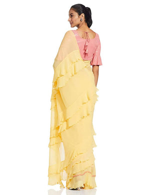 River Suneet Varma Designer Golden Haze Georgette Saree with Ruffle Detailing & Sequin Blouse Piece
