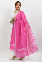 Thumbnail for Mominos Fashion Moeza Women's Linen Cotton Silver Border Dark Pink Dupatta - Distacart