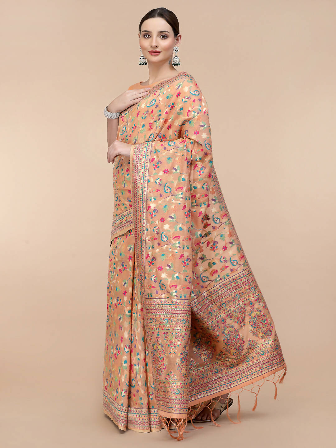 Peach Silk Blend Woven Design Saree With Unstitched Blouse Piece - Aloki - Distacart