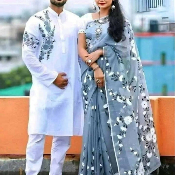 Exclusive Collection Elegant Hand Printing Designe On Pure Cotton Saree And Men's Kurta - Ash - Distacart