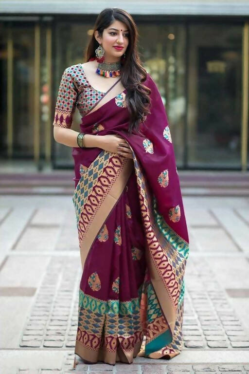 DEIANA'S Beautiful Golden Jari with New Design Soft Lichi Silk Saree - Wine - Distacart
