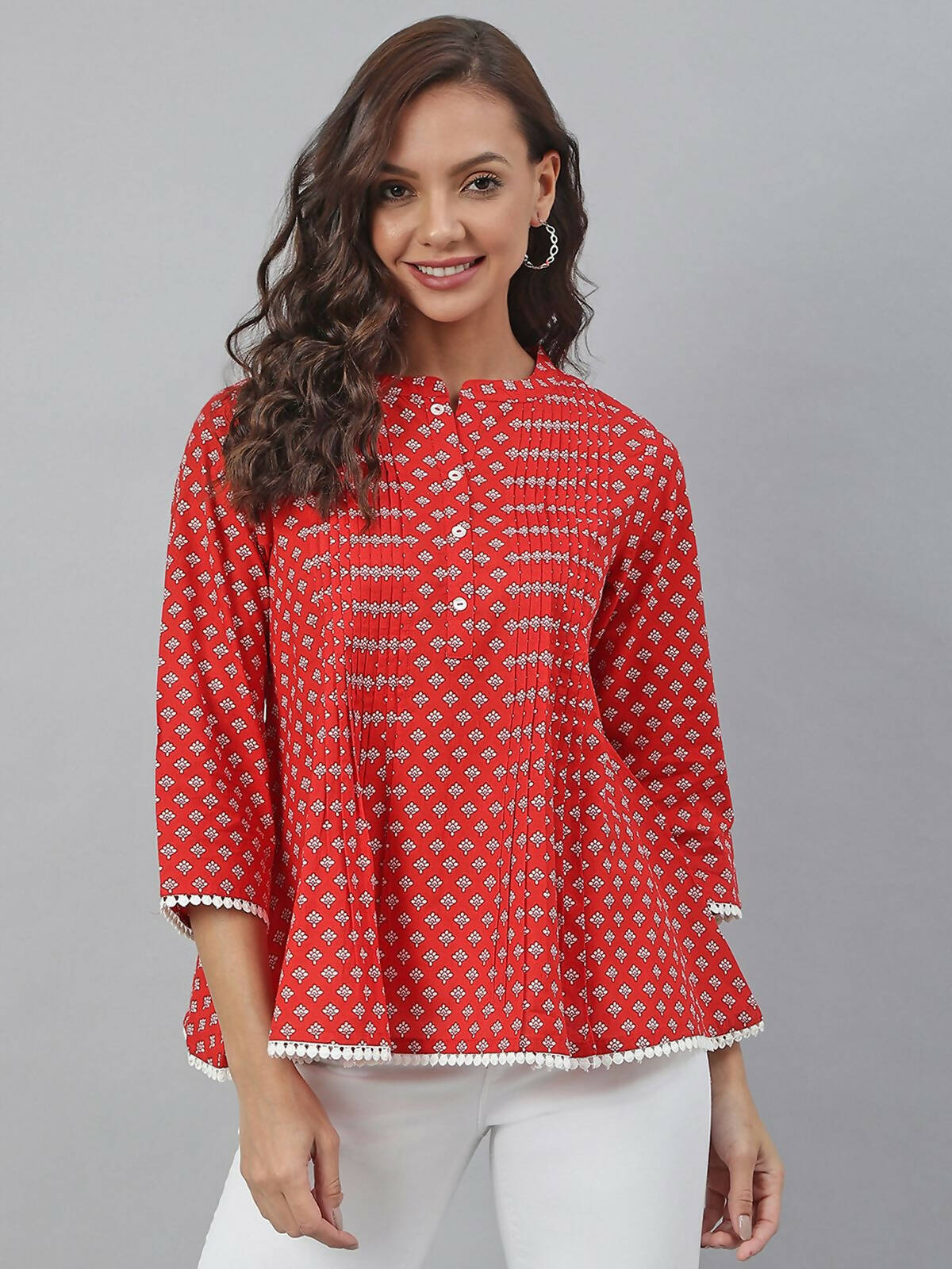 Janasya Women's Red Cotton Floral Print Flared Top - Distacart