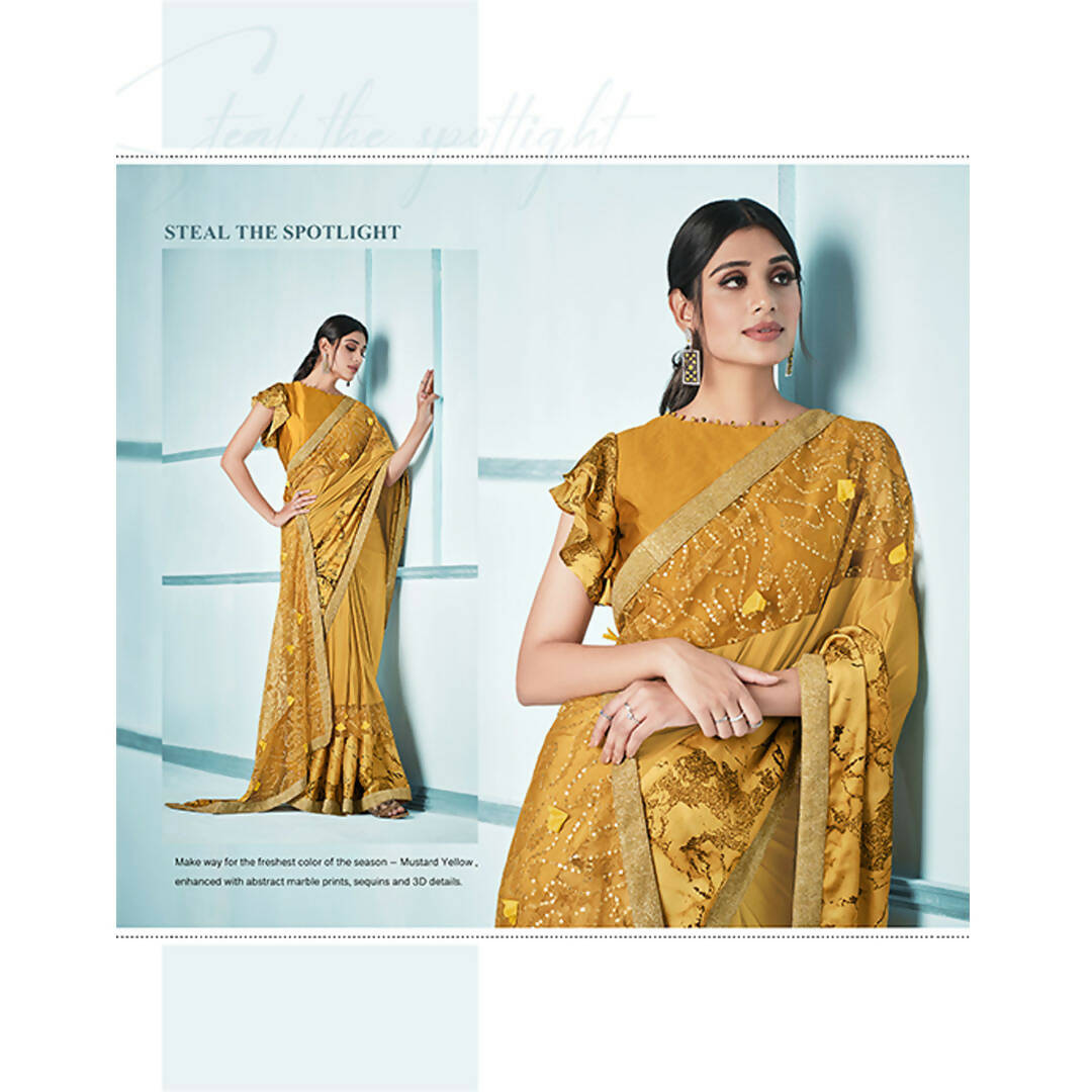 Mustard Lycra sequence Saree with Unstitched Blouse Piece - Norita Elaura - Distacart