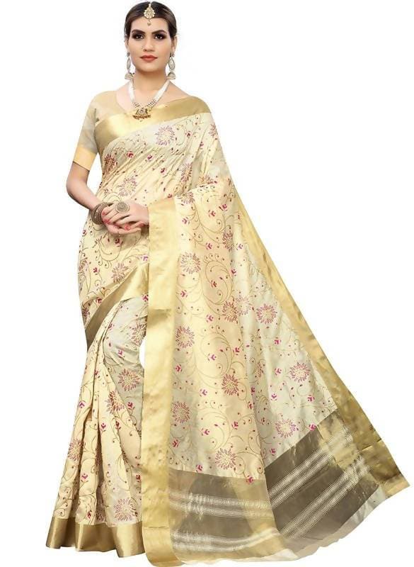 Vamika Weaving Cream Cotton Polyester Silk Saree (Kerala Floral)