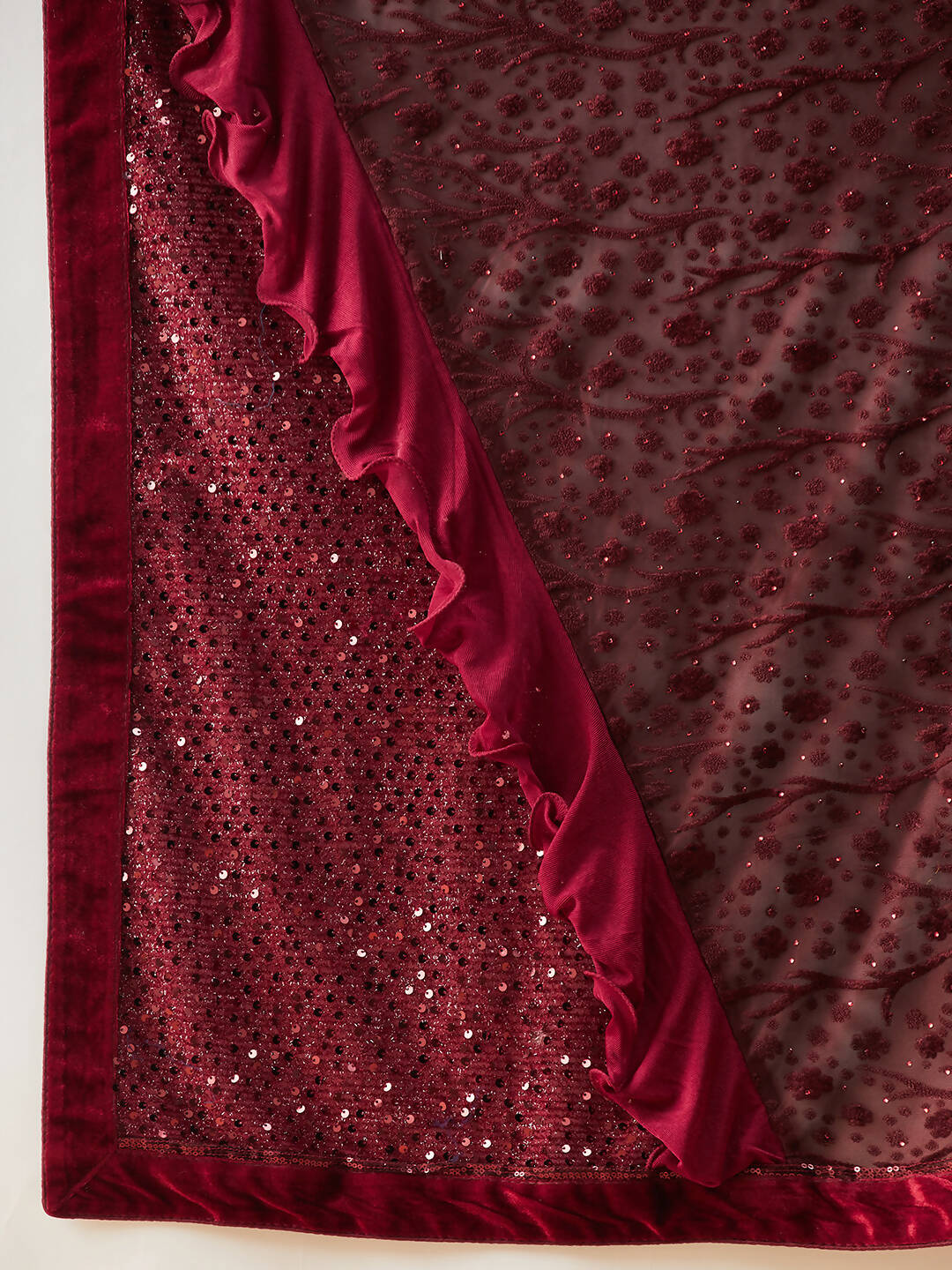 Maroon Lycra Embossed Fancy Velvet, Sequins Embroidery, Frill Details Saree - Norita Hit Design - Distacart