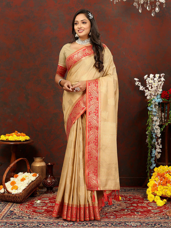 Lorenvalley Fashion Cream Cotton Woven Design with Zari Weaving Design Saree - Distacart
