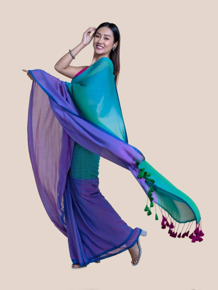 Suta Purple Green Colourblocked Mul Saree - Distacart
