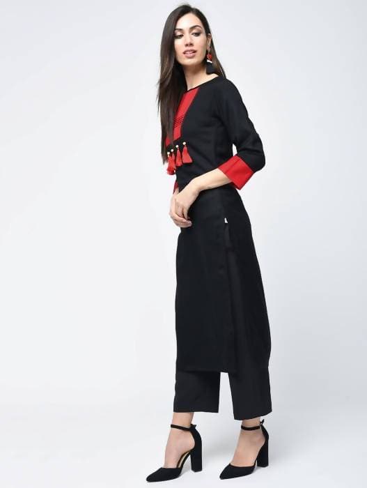 Aniyah Rayon Color Block Black Latest Straight Kurta With Tassels (AN-109K)
