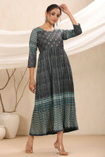 Thumbnail for Juniper Bottle Green Muslin Festive Printed Flared Dress For Women - Distacart