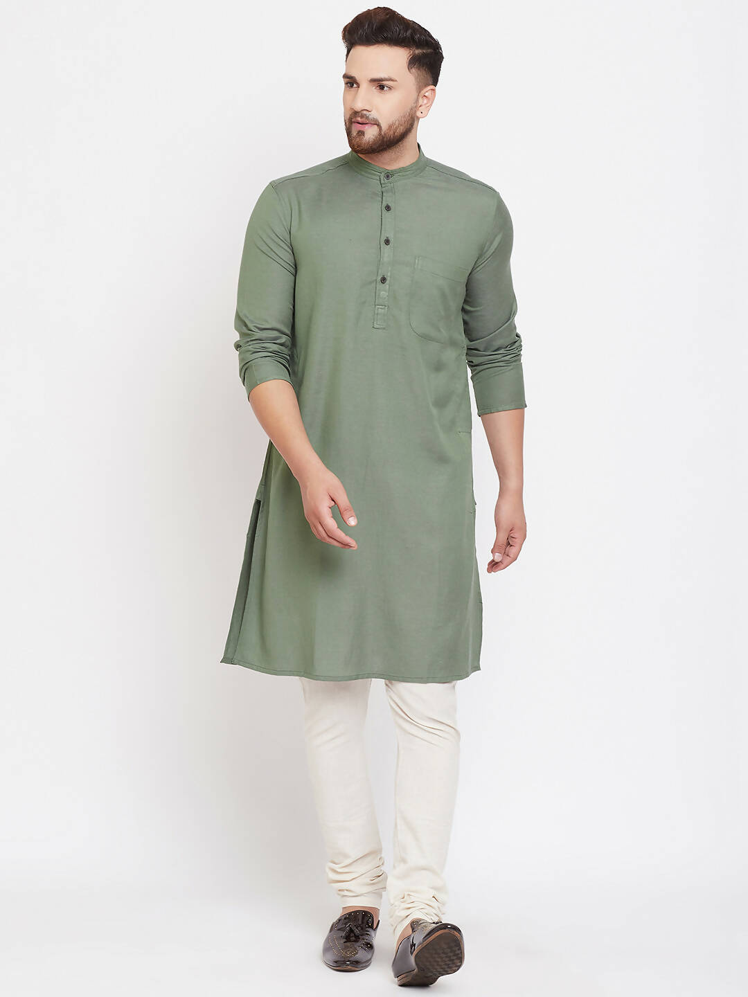 Even Apparels Green Color Linen Linen Men's Kurta With Band Collar - Distacart