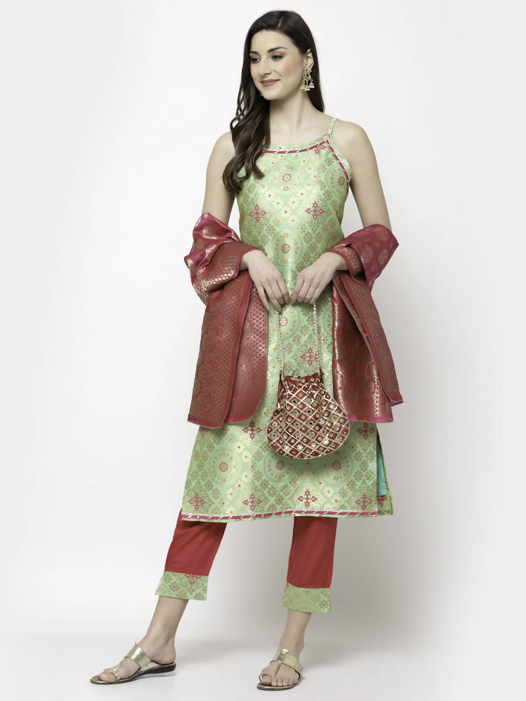 Myshka Green Jacard Printed Sleeveless Round Neck Kurta Pant Dupatta Set