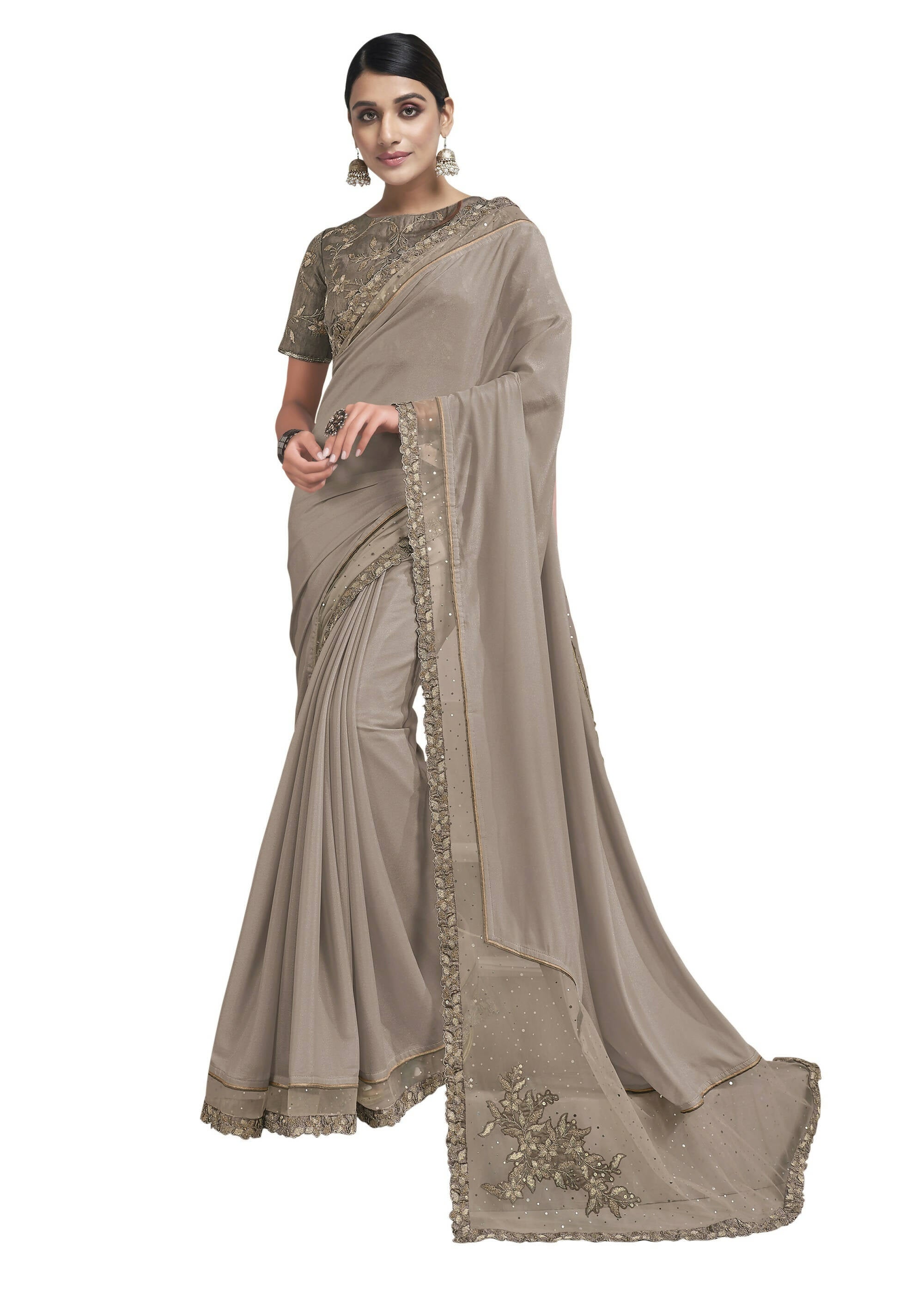 Beige Silk Georgette Embroidered Border Saree With Blouse Piece - Norita Avyaan - Distacart