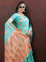 Thumbnail for Lorenvalley Fashion Skyblue Cotton with Woven Design Zari Weaving Saree - Distacart