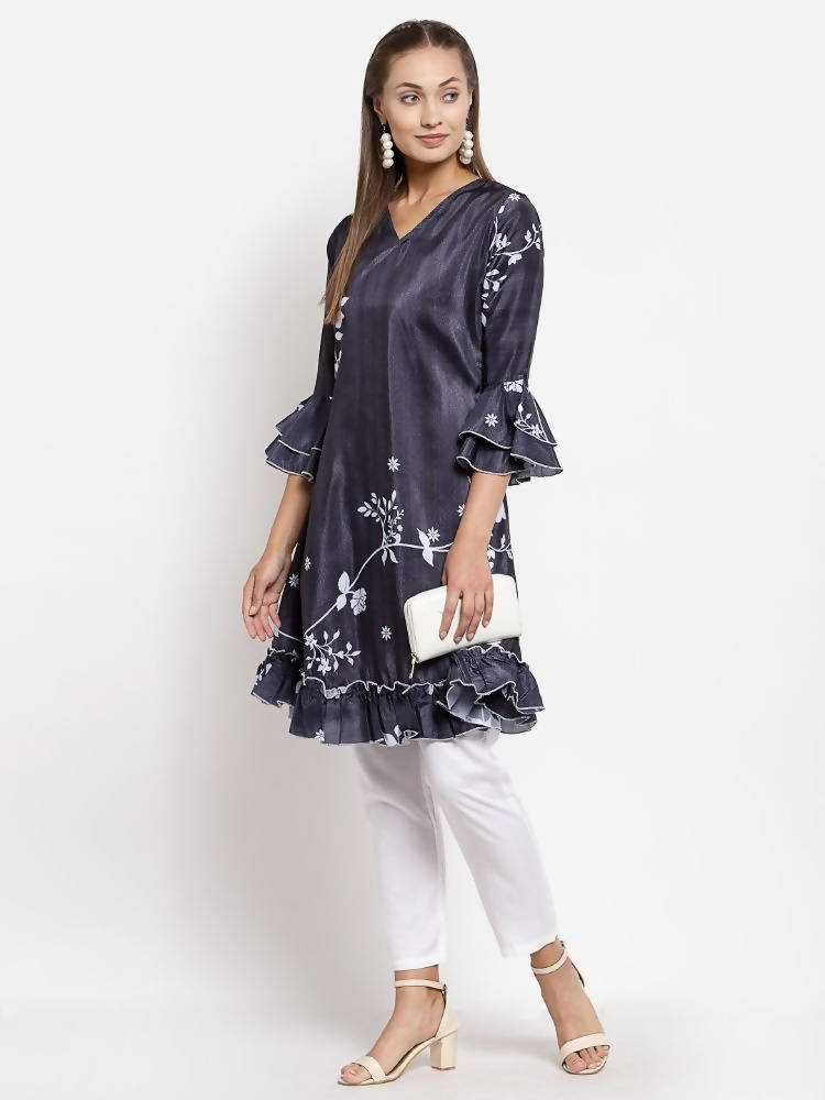 Myshka Women's Black Crep Printed Full Sleeve V Neck Casual Tunic