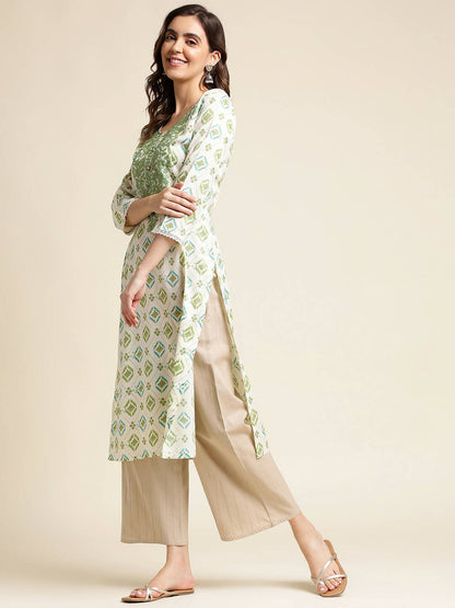 Green Poly Rayon Aztec Printed Straight Fit Kurta - Prasuti - Distacart