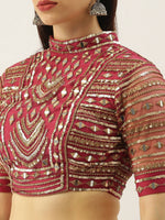 Thumbnail for House of Panchhi Women Rosegold Net Embroidered Mirror Lehenga & Blouse with Dupatta - Distacart