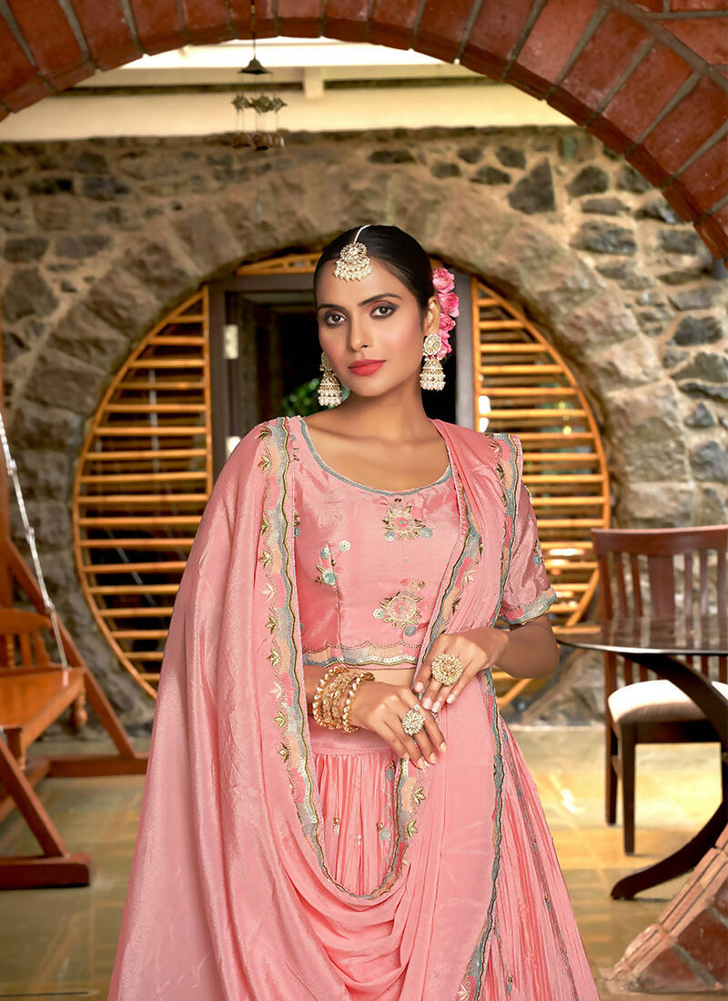 Pink Chinon Crushed Sequence and Thread Embroidery Work Lehenga Choli with Dupatta - Viharini - Distacart