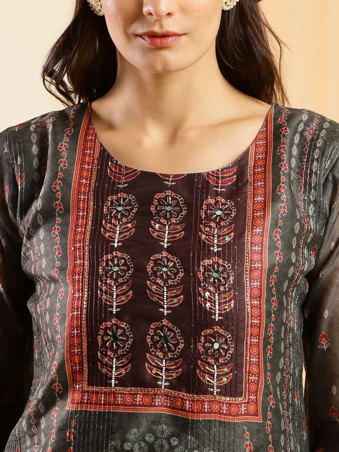 Dark Green Chinon Digital Printed With Hand Work Kurta - Himanshi - Distacart