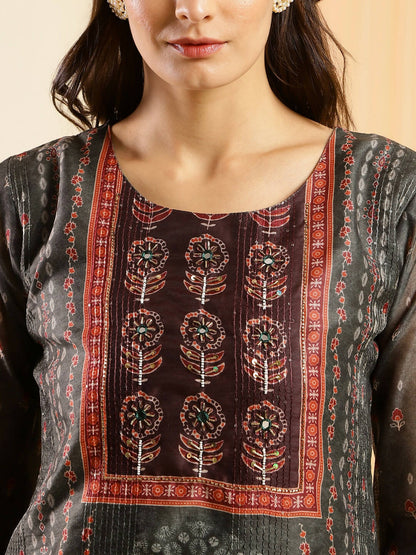 Dark Green Chinon Digital Printed With Hand Work Kurta - Himanshi - Distacart
