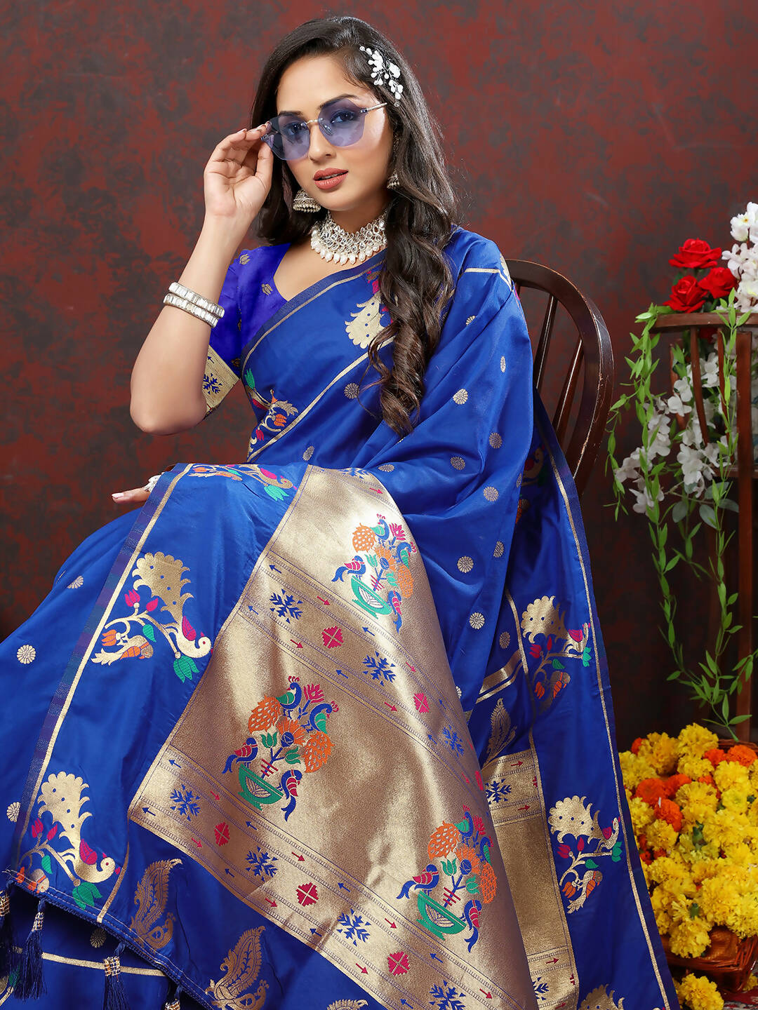Lorenvalley Fashion Blue Soft Paithani Silk Woven Design Gold Zari Meenakari Weaving Saree - Distacart