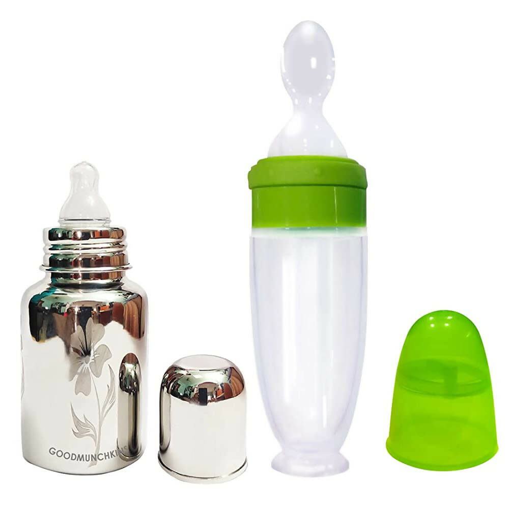 Goodmunchkins Stainless Steel Feeding Bottle 304 Grade Jointless & Spoon Food Feeder for Baby Nipple Feeder 150 ml Combo Pack-Green - Distacart