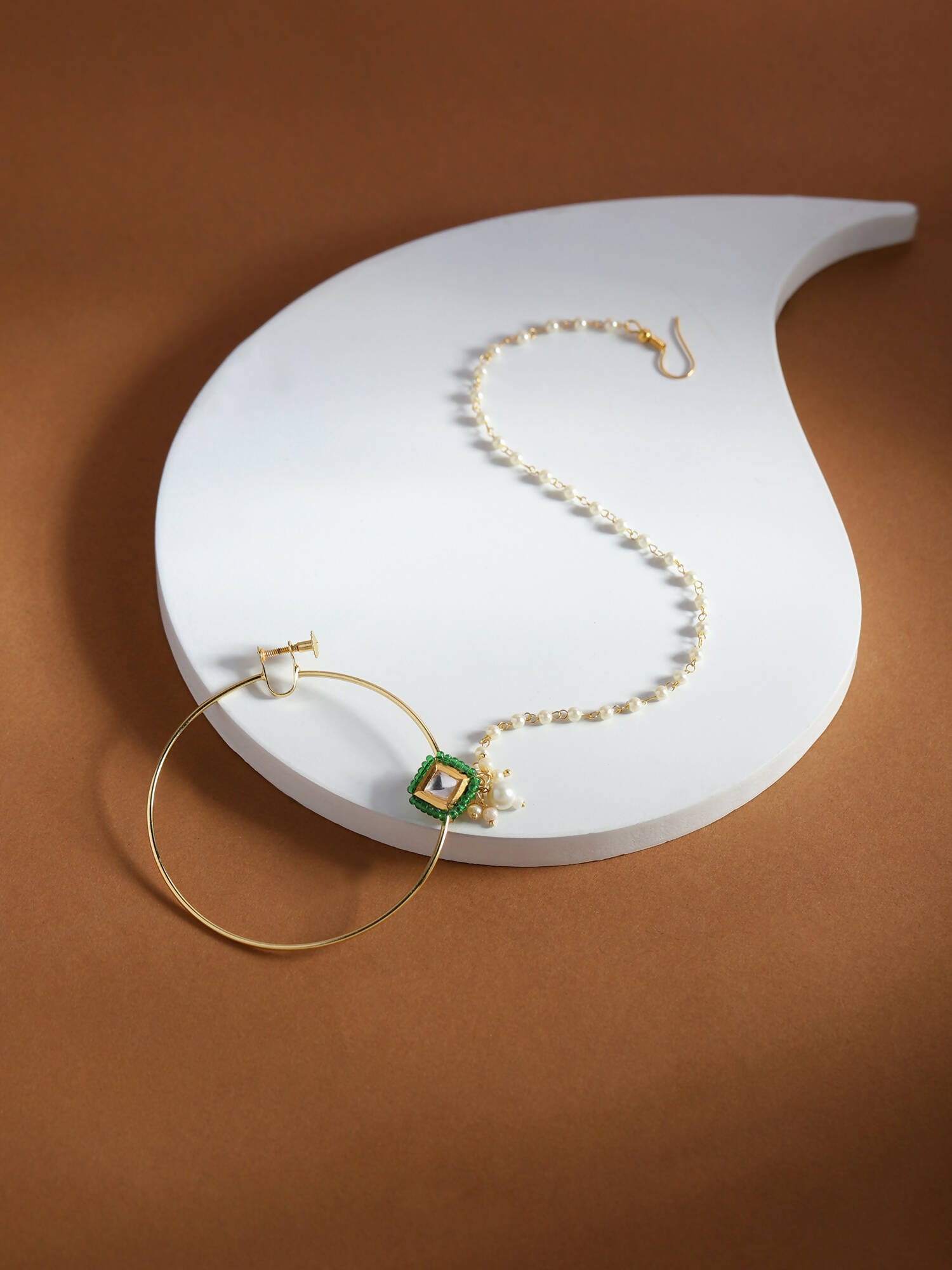 Gold-Plated Green White Kundan Studded Beaded Chained Nosepin - Ruby Raang - Distacart