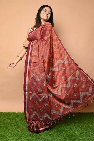 Very Much Indian Khun Saree Cotton Resham Handwoven Rust Orange Weave Red Border - Distacart