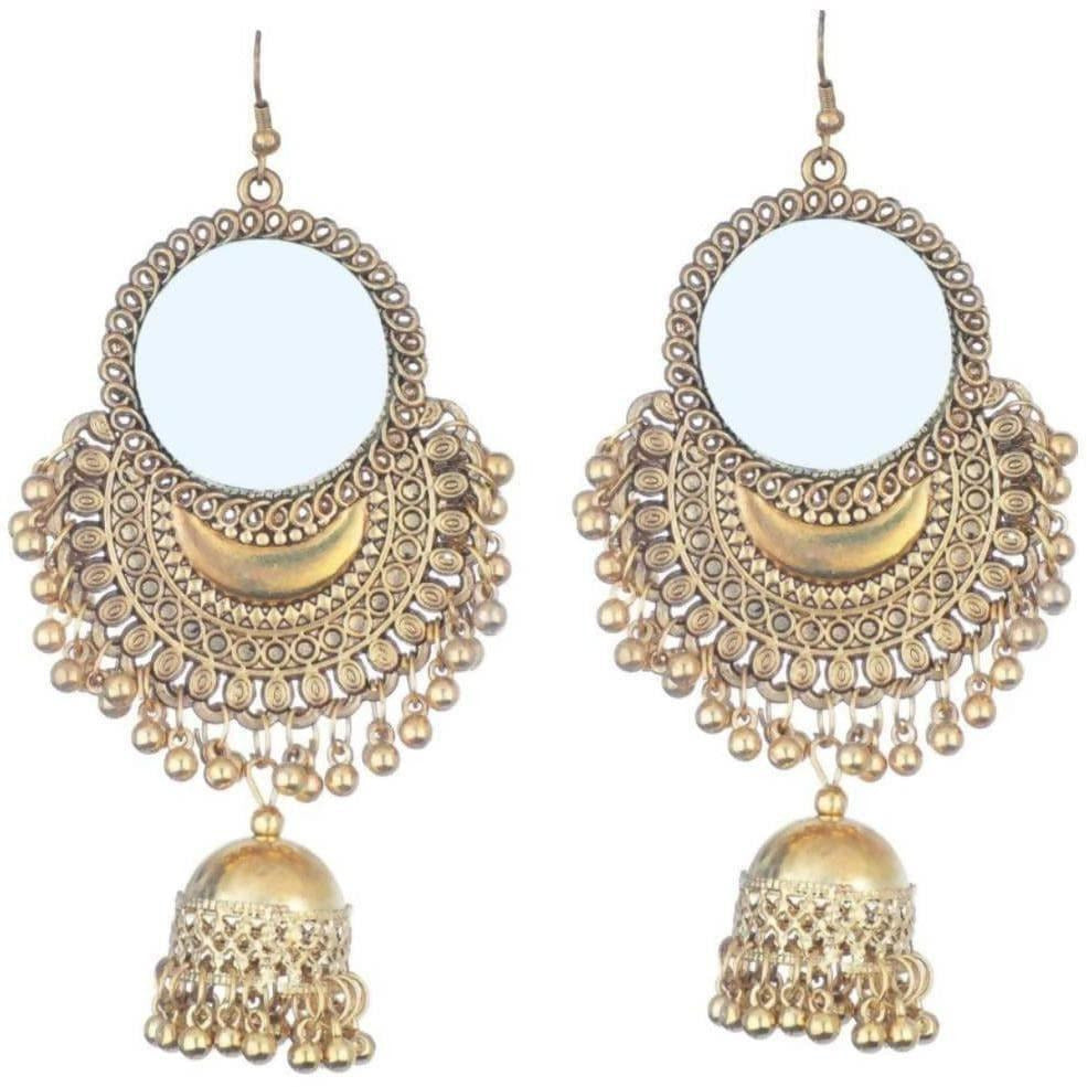 Gold Color Half Moon Style Mirror Jhumka Earrings