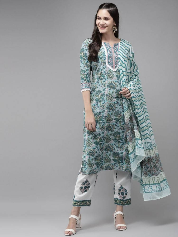 Yufta Green Hand Block Printed Kurta with Trouser and Dupatta