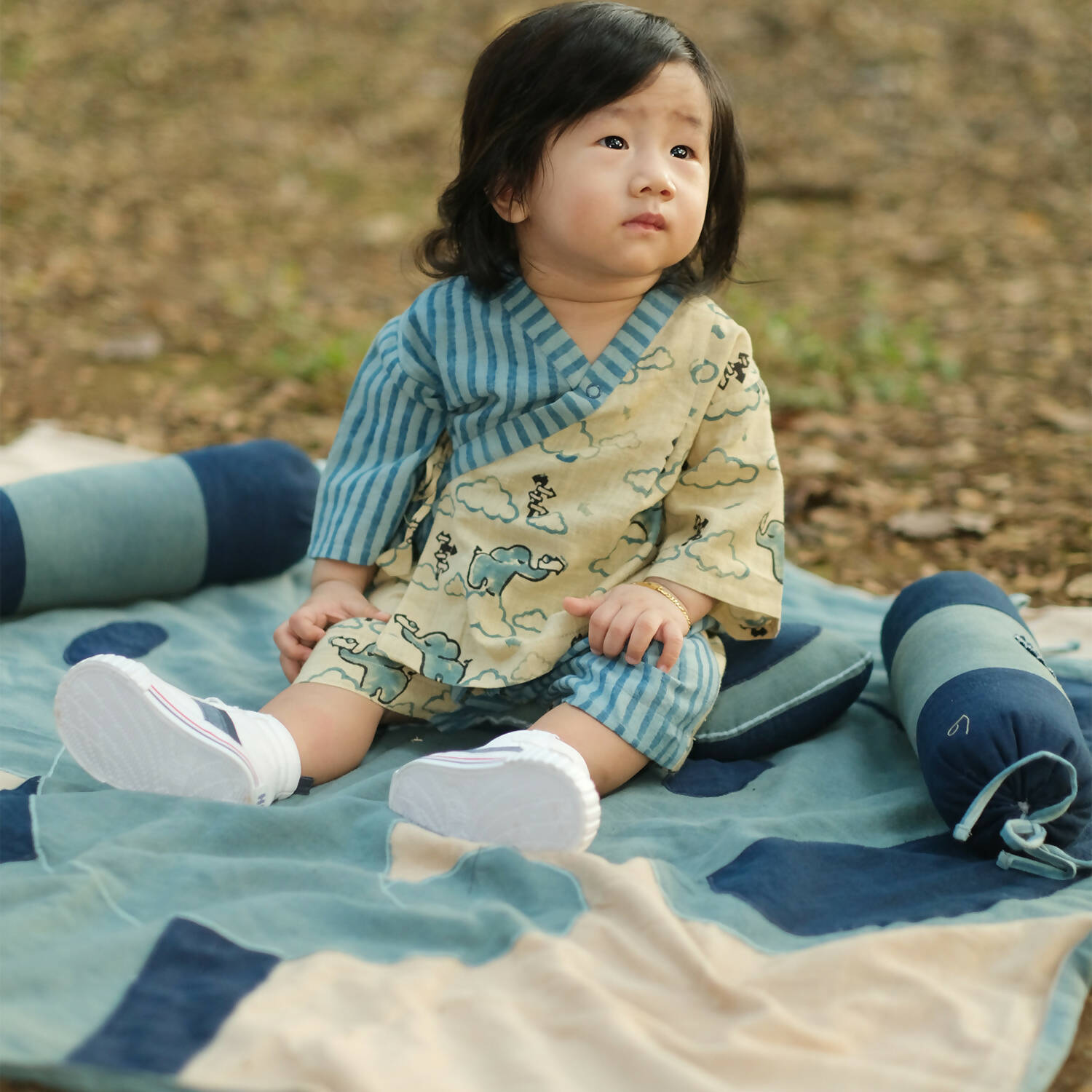 Mhyssa Blue And Beige V Neck Kimono Style Short Sleeve Printed T-shirt With Matching Shorts Set - Distacart