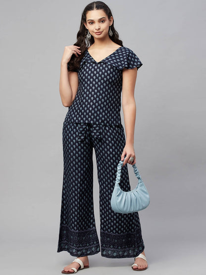 Myshka Women Blue Printed Top Palazzo Set - Distacart
