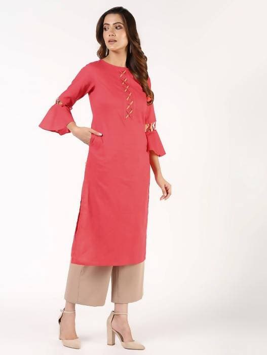 Aniyah Cotton Criss Cross Bell Sleeves Peach Straight Kurta (AN-142K)