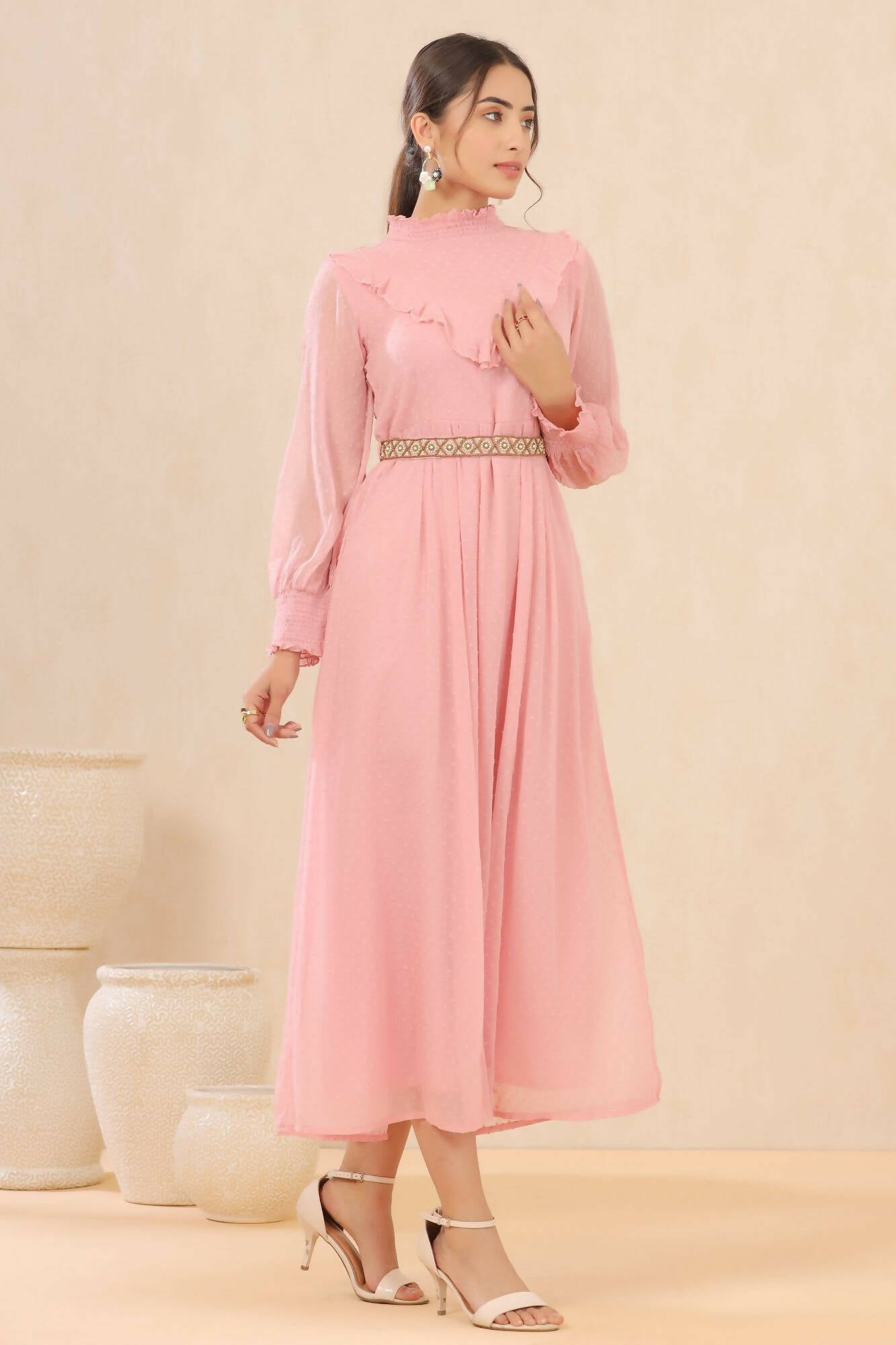 Juniper Women Pink Chiffon Woven Design Flared Dress - Distacart