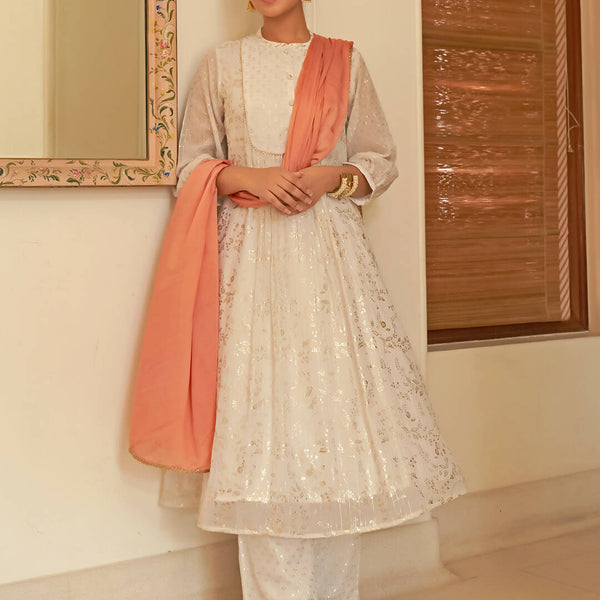 Janasya Women's White Chiffon Lurex Foil Printed Festive Flared Kurta Set - Distacart