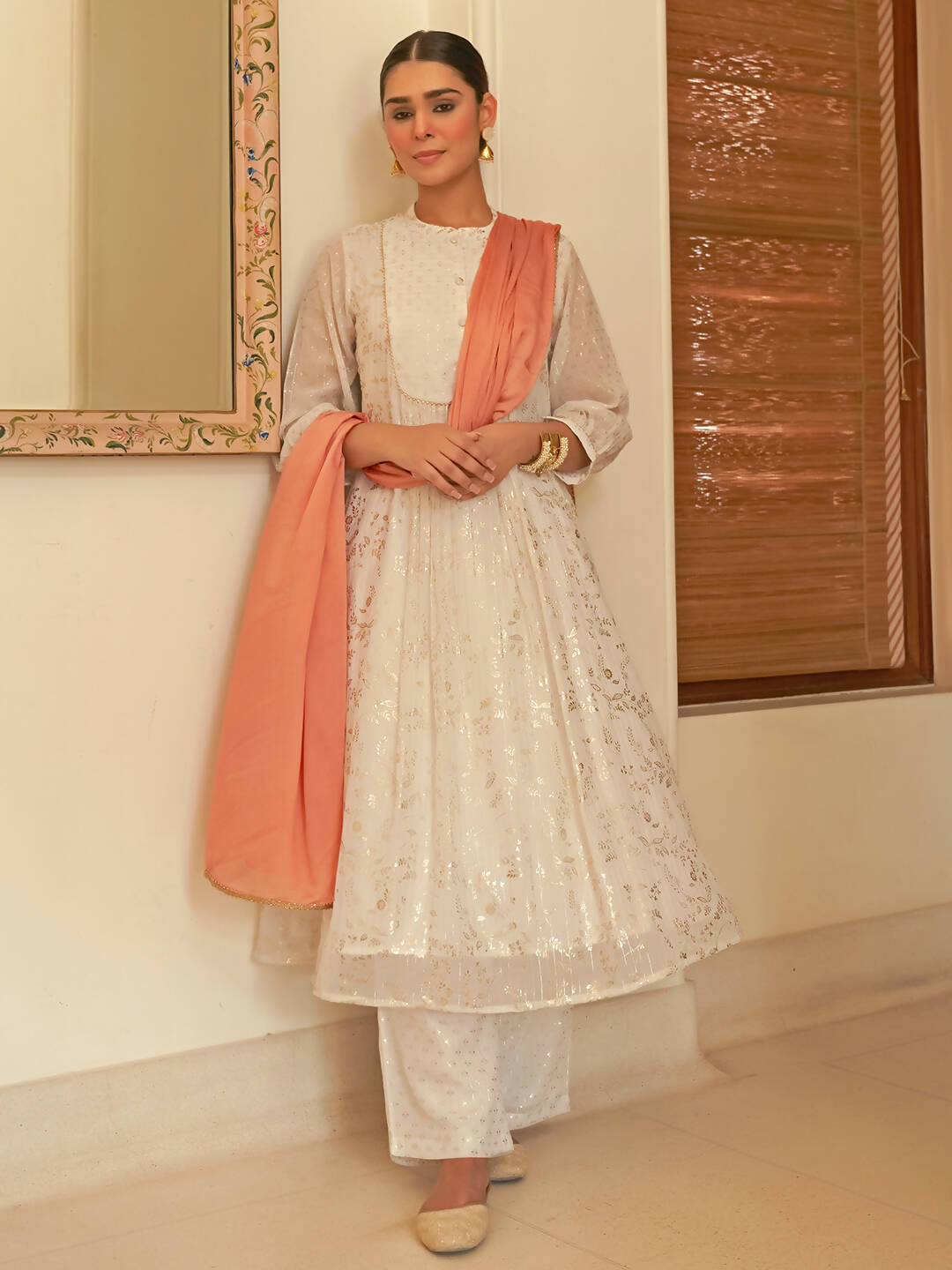 Janasya Women's White Chiffon Lurex Foil Printed Festive Flared Kurta Set - Distacart