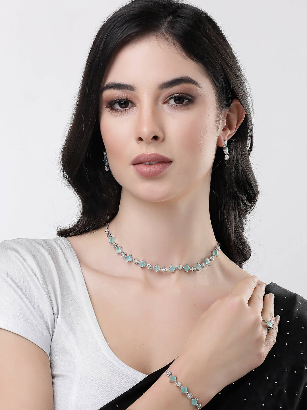 NVR Women Silver Plated & Blue Cz Stone Handcrafted Jewellery Set - Distacart