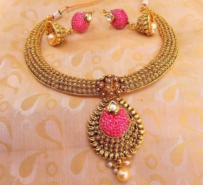 Multicolor Antique Pink Necklace With Earrings