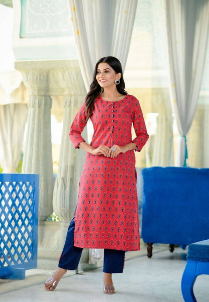 Yufta Women's Red Handblock Printed Kurta Set