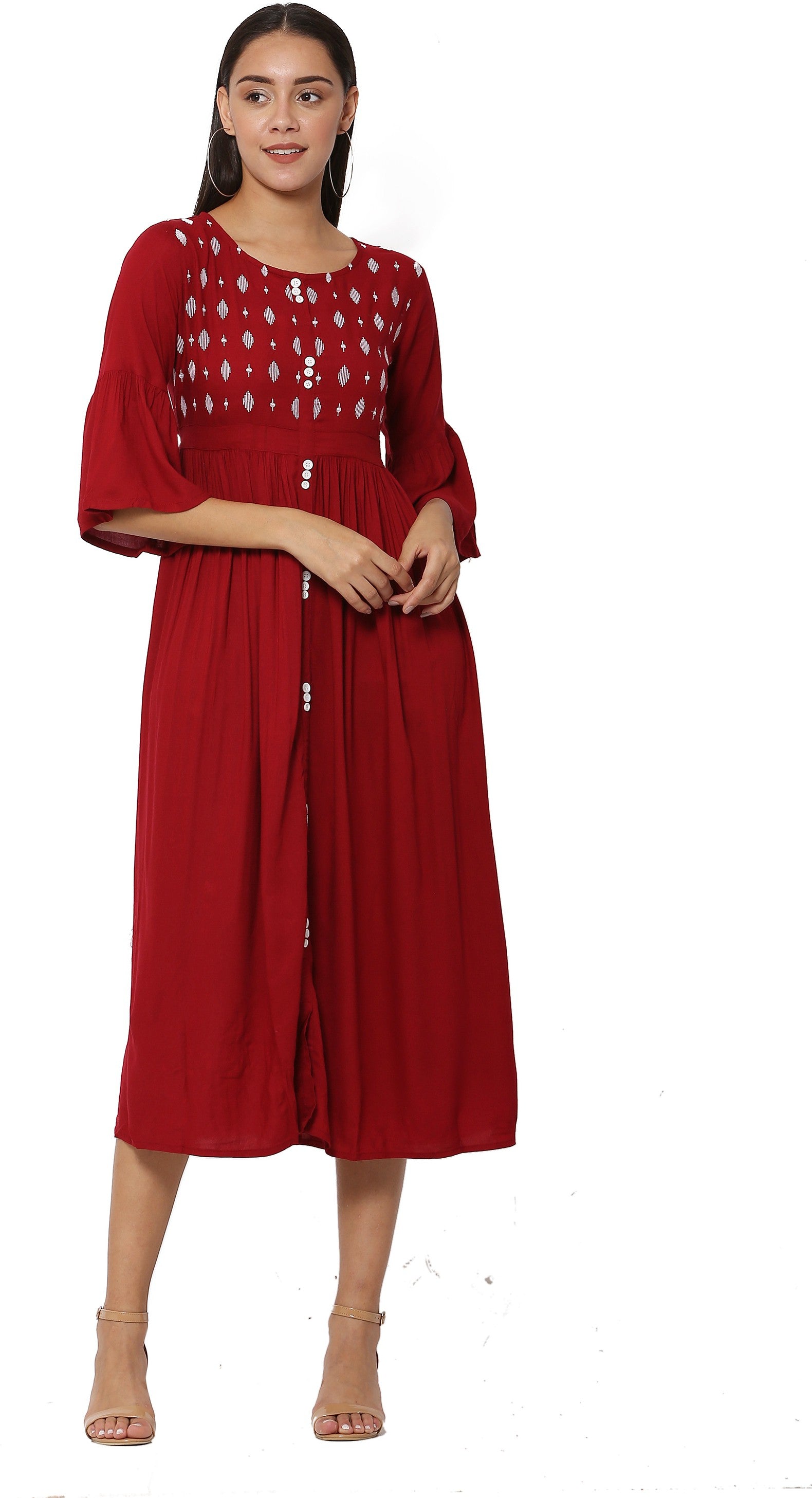 PAVONINE Wine Color Embroidery Work With Button Dress For Women - Distacart