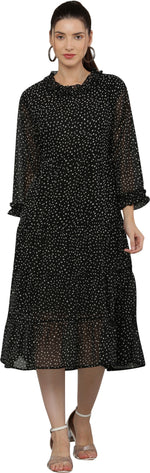 Thumbnail for PAVONINE Micro Dots Frill-Neck Georgette Fabric Black Dress For Women - Distacart