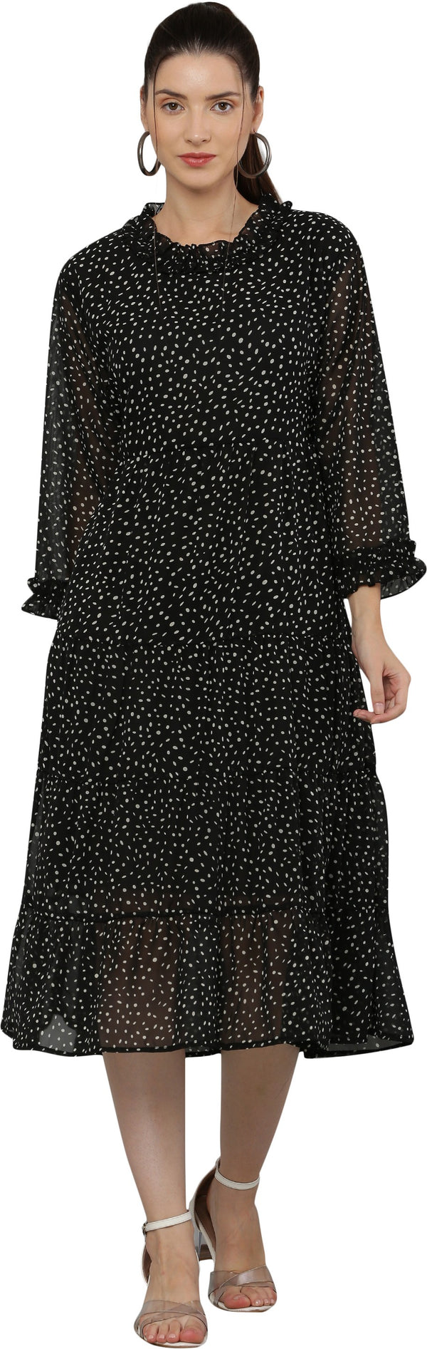 PAVONINE Micro Dots Frill-Neck Georgette Fabric Black Dress For Women - Distacart