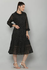 Thumbnail for PAVONINE Micro Dots Frill-Neck Georgette Fabric Black Dress For Women - Distacart