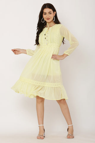 PAVONINE Lemon Color Georgette Fabric Lace Inserts Dress For Girls - Distacart