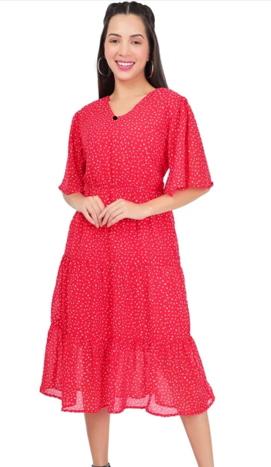 PAVONINE Micro Dots V-Neck Georgette Fabric Red Dress For Women - Distacart