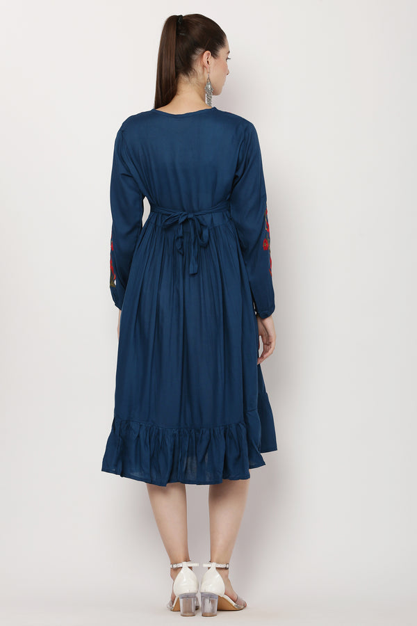 PAVONINE Navy Blue Color Flower Embroidery Dress For Women - Distacart