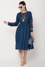Thumbnail for PAVONINE Navy Blue Color Flower Embroidery Dress For Women - Distacart
