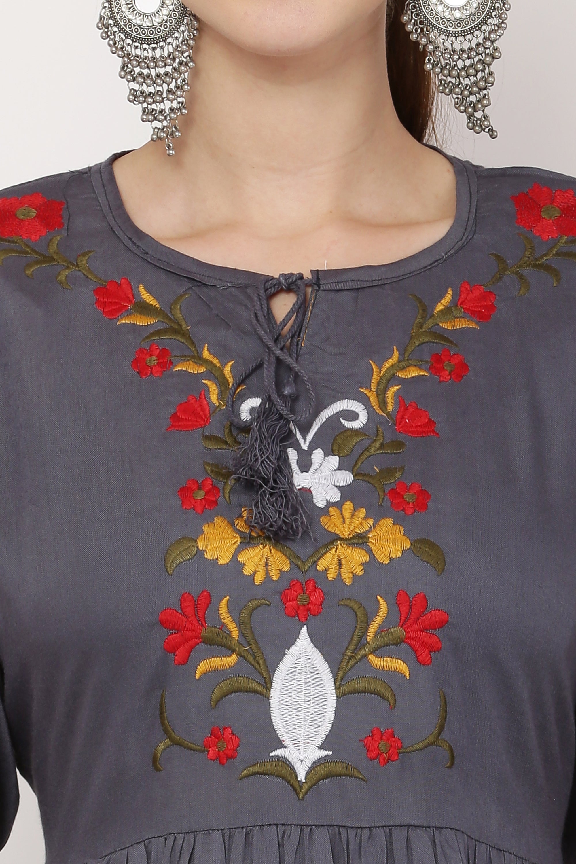 PAVONINE Grey Color Flower Embroidery Dress For Women - Distacart