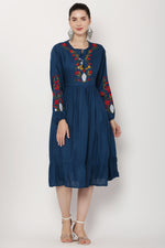Thumbnail for PAVONINE Navy Blue Color Flower Embroidery Dress For Women - Distacart