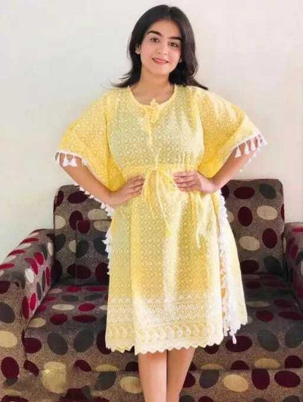 PAVONINE Yellow Color Embroidery Kaftan Dress For Women - Distacart